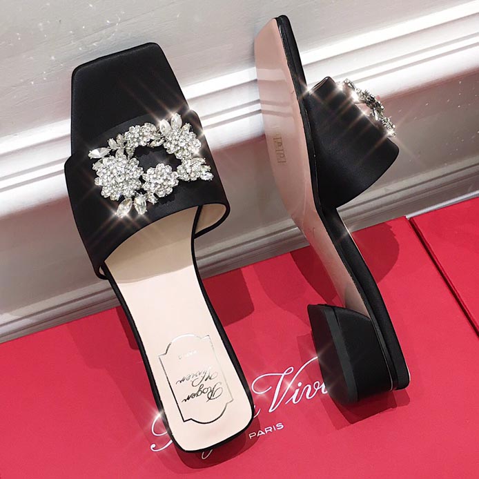 Roger Vivier  Black Bouquet Strass Satin Sandals