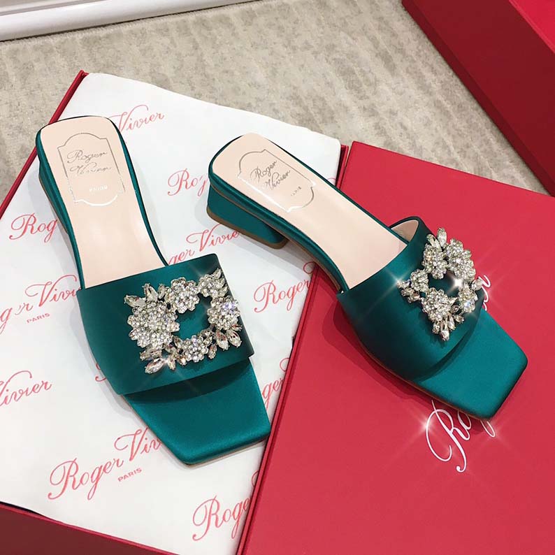 Roger Vivier  Bouquet Strass Satin Sandals Green