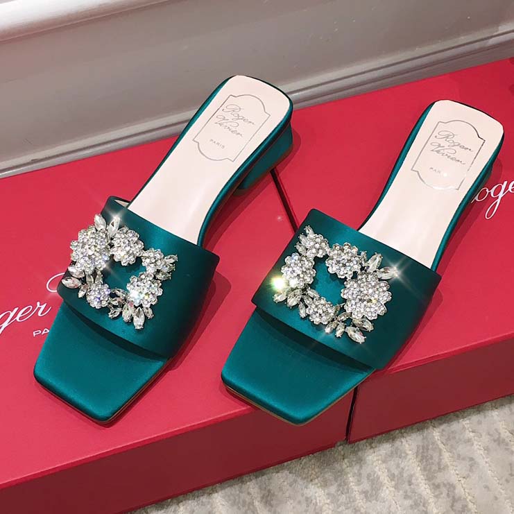 Roger Vivier  Bouquet Strass Satin Sandals Green