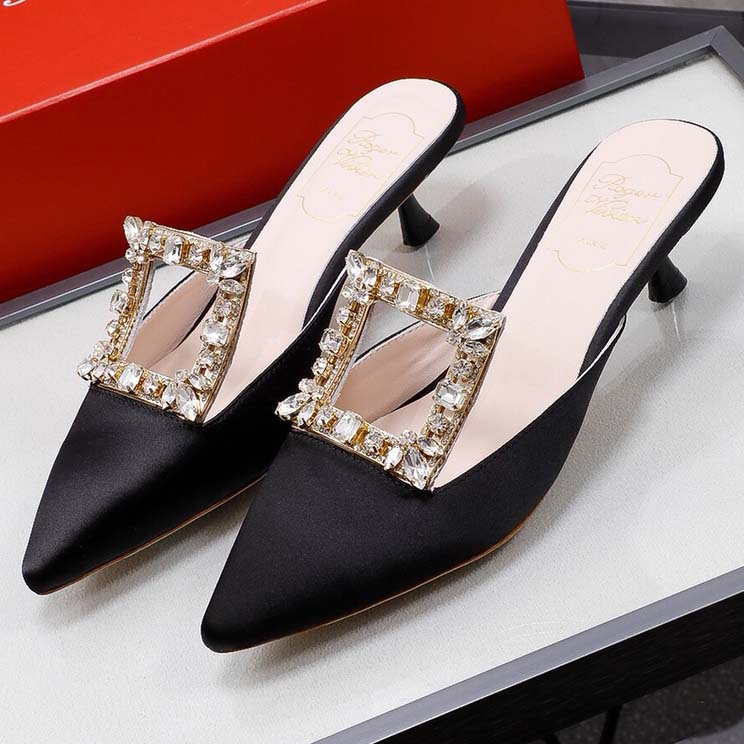 Roger Vivier Broche Buckle Mules in Satin