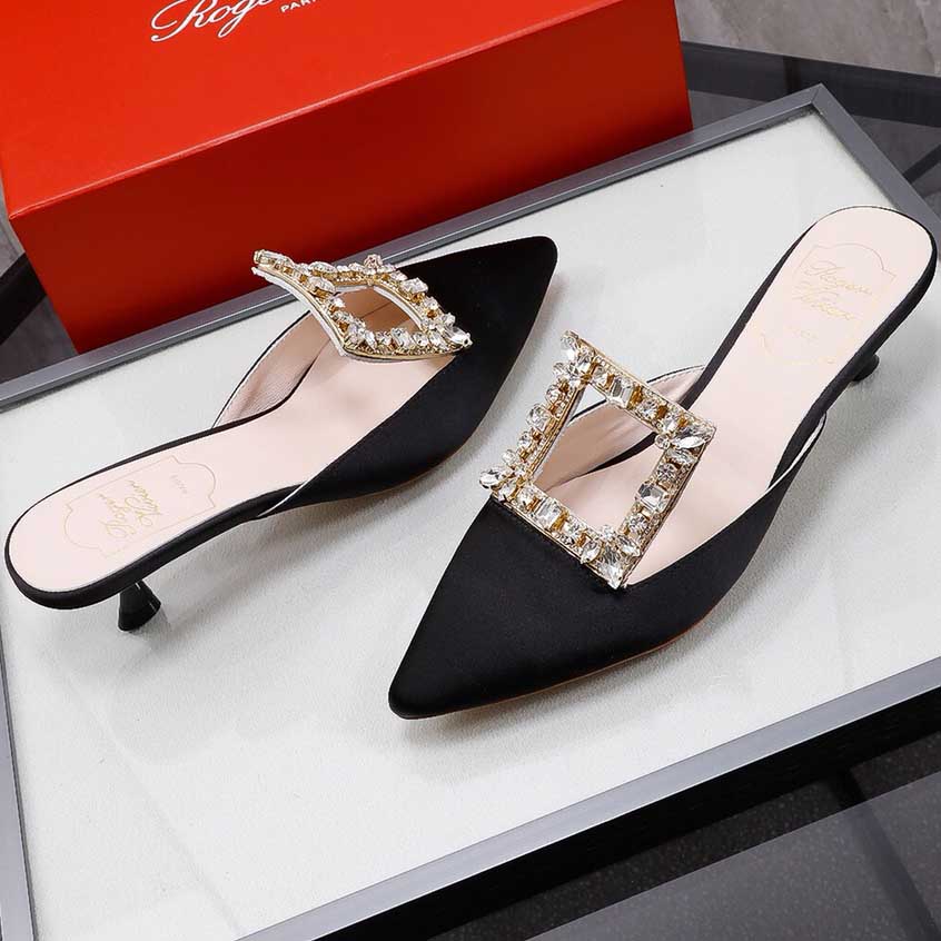 Roger Vivier Broche Buckle Mules in Satin