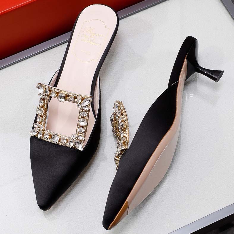 Roger Vivier Broche Buckle Mules in Satin