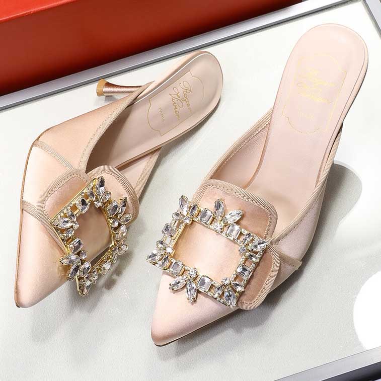 Roger Vivier Crystal Buckle Mules in Satin