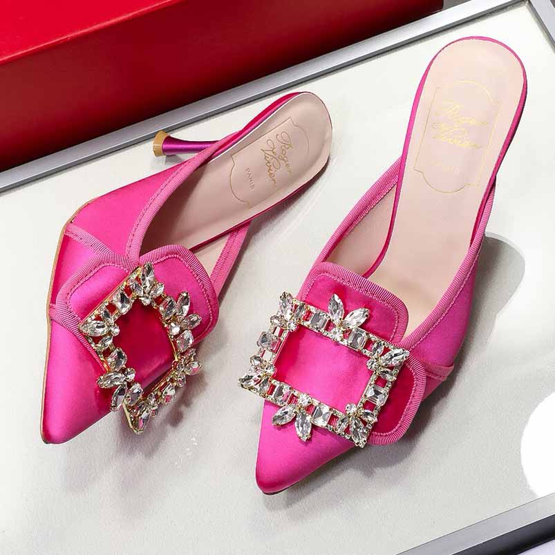 Roger Vivier Crystal Buckle Mules in Satin