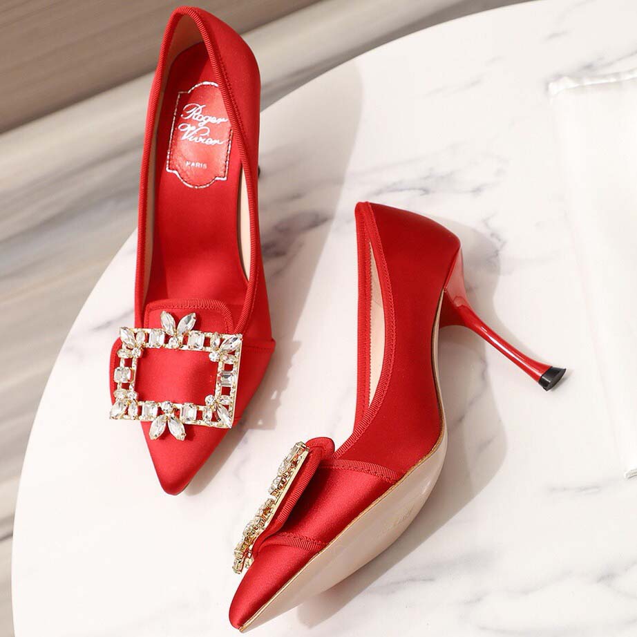 Roger Vivier Crystal Buckle Pumps in Satin