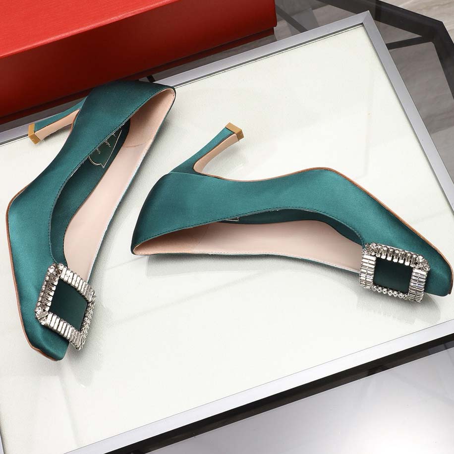 Roger Vivier Trompette Crystal Buckle Pumps in Satin